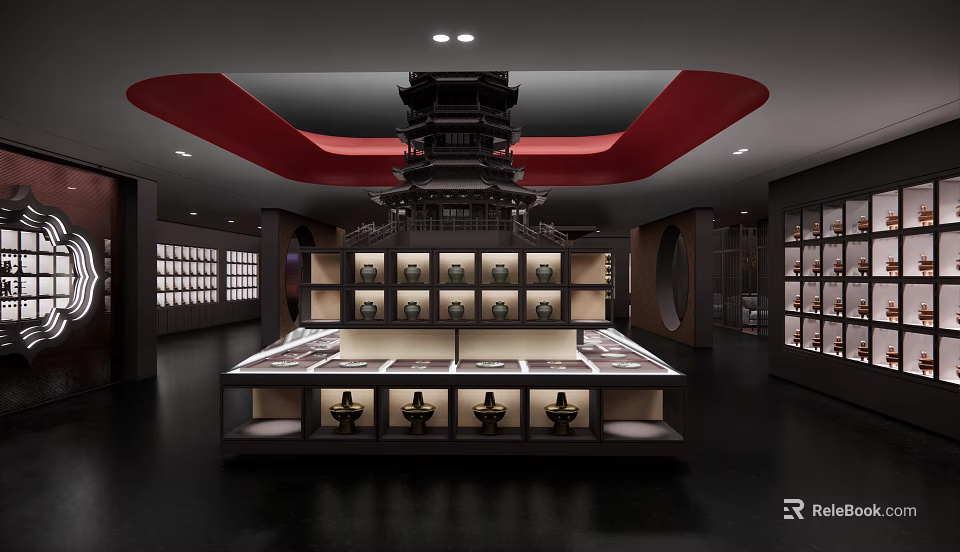 Traditional Chinese Style Boutique Featuring Red Ceiling Pagoda Decor and Display Counter with Merchandise 3d model 