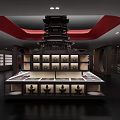 Traditional Chinese Style Boutique Featuring Red Ceiling Pagoda Decor and Display Counter with Merchandise