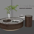 Elegant Round Wooden Coffee Table With Marble Top Potted Plant Books And Wooden Side Table