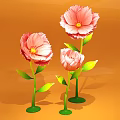 Vibrant Pink Flowers With Green Stems And Leaves On Orange Background