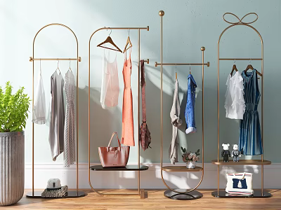 Metal Clothes Racks With Hanging Clothes Bags Shelves And Plant In Home Setting 3d model