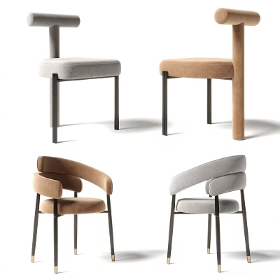 Modern Accent Chairs With Curved Arms Upholstered In Beige Light Gray And Metal Legs 3d model