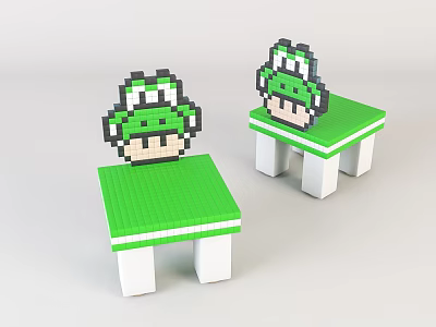 Pixel Art Lego Style Green And White Small Stools With Cartoon Character Heads 3d model