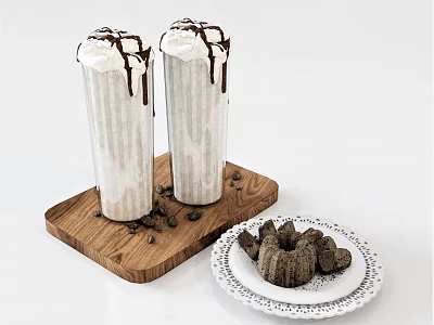 Cream Topped Chocolate Drinks on Wooden Tray with Coffee Beans and Cookies on White Plate 3d model