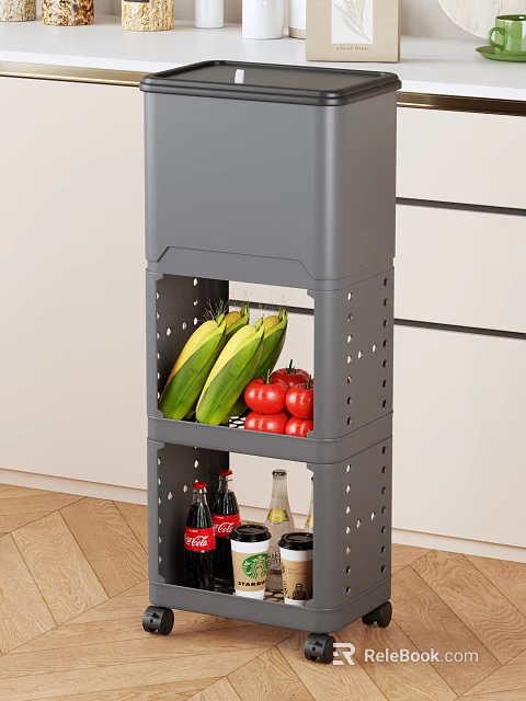 Multi tier Grey Kitchen Storage Shelf with Fresh Vegetables and Beverage Bottles 3d model