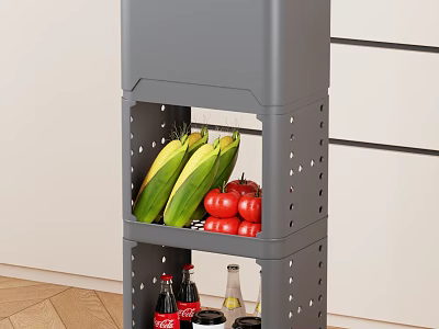 Multi tier Grey Kitchen Storage Shelf with Fresh Vegetables and Beverage Bottles 3d model