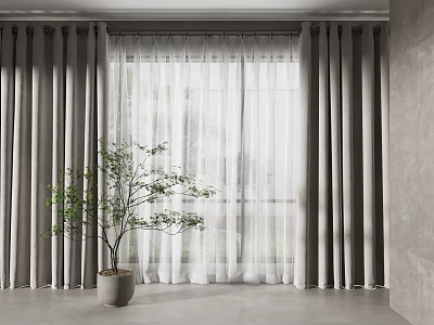 Modern Curtains Design With Gray Thick And White Sheer Panels And Green Plant In Room 3d model