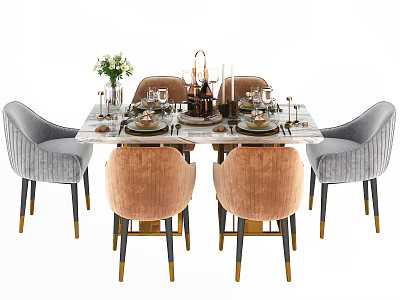Elegant Dining Table Set With Marble Top Gray Pink Chairs And Decorative Items 3d model