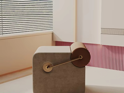 Gray Side Table With Gold Metal Accents Against Pink Striped Wall And Window Blinds 3d model