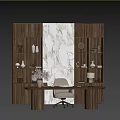 Walnut Desk With Marble Background And Shelves Decorative Vases Dried Flowers Open Book Table Lamp