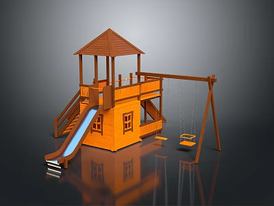 Kids Outdoor Wooden Play Structure With Slide Swing And Roofed Playhouse 3d model
