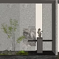 Modern Indoor Landscape With Green Plants Decorative Wall Sculpture And Natural Stone Platform