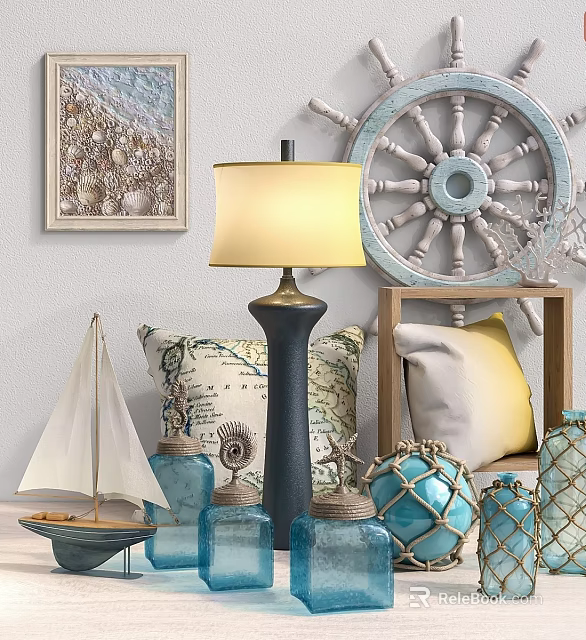Nautical Decorative Ornament Set With Sailboat Model Table Lamp Pillows Steering Wheel And Shell Painting 3d model 
