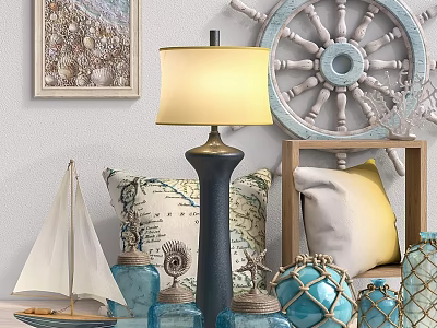 Nautical Decorative Ornament Set With Sailboat Model Table Lamp Pillows Steering Wheel And Shell Painting 3d model