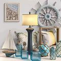 Nautical Decorative Ornament Set With Sailboat Model Table Lamp Pillows Steering Wheel And Shell Painting