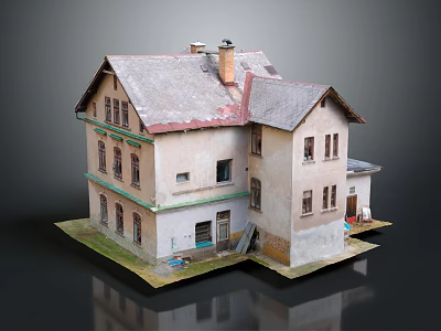 Old Style House Building With Light Exterior Walls Gray Roof Chimney And Green Trim Windows 3d model