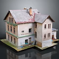 Old Style House Building With Light Exterior Walls Gray Roof Chimney And Green Trim Windows