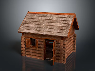Wooden Cabin Log Structure With Sloped Wooden Roof And Open Door And Small Window 3d model