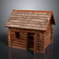 Wooden Cabin Log Structure With Sloped Wooden Roof And Open Door And Small Window
