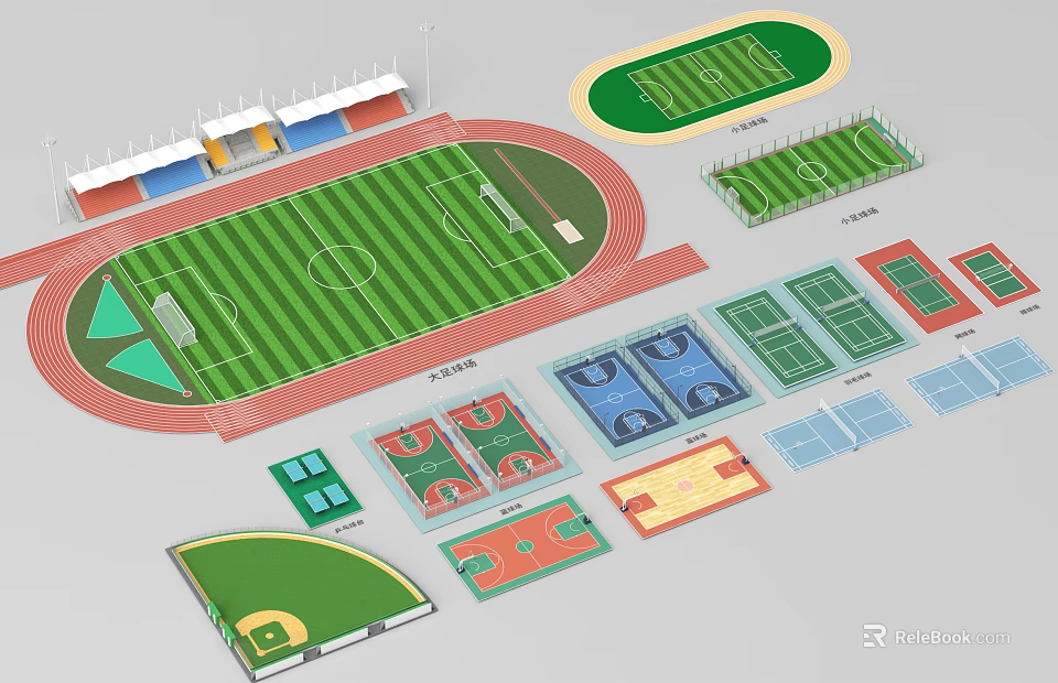 Football Field Design With Running Track Green Turf And Spectator Stands Layout 3d model 