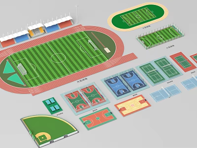 Football Field Design With Running Track Green Turf And Spectator Stands Layout 3d model