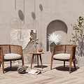 Rattan Leisure Chairs with Wooden Frame Light Cushions Small Side Table and Potted Plant