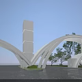 Modern Entrance Gate With Curved White Structure And Tall Pillar Surrounded By Trees