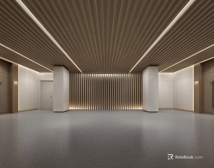 Modern Store Front Desk Featuring Wooden Ceiling Slats And Recessed Lighting Design 3d model 