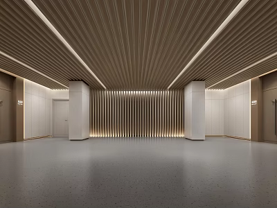 Modern Store Front Desk Featuring Wooden Ceiling Slats And Recessed Lighting Design 3d model