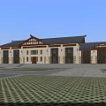 Ancient Architecture With Traditional Roof Overhanging Eaves Front Plaza Patterned Tiles And Statue