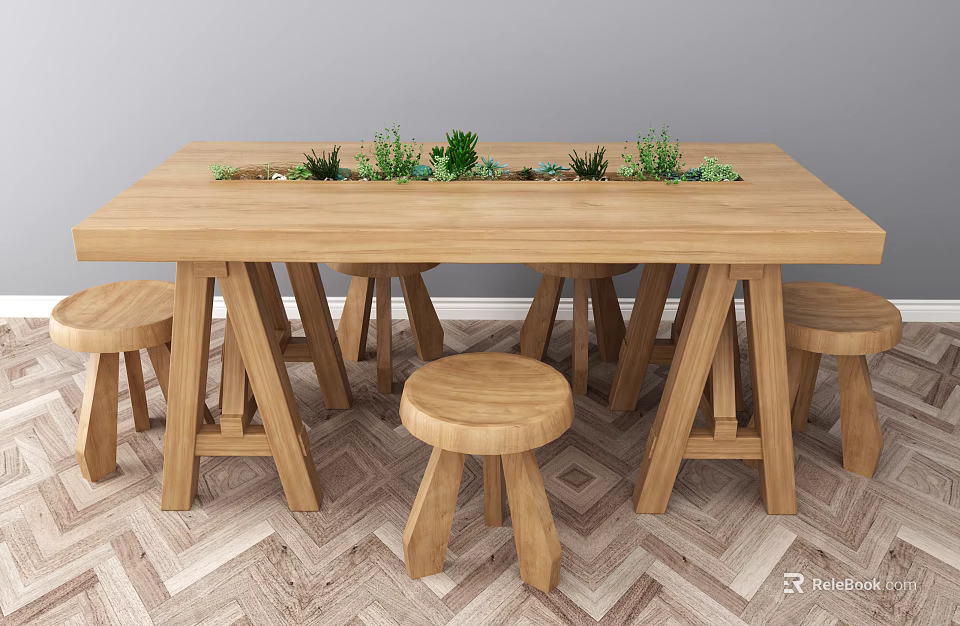 Wooden Dining Table Set with Stools and Green Plants on Geometric Pattern Floor 3d model