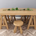 Wooden Dining Table Set with Stools and Green Plants on Geometric Pattern Floor 3d model