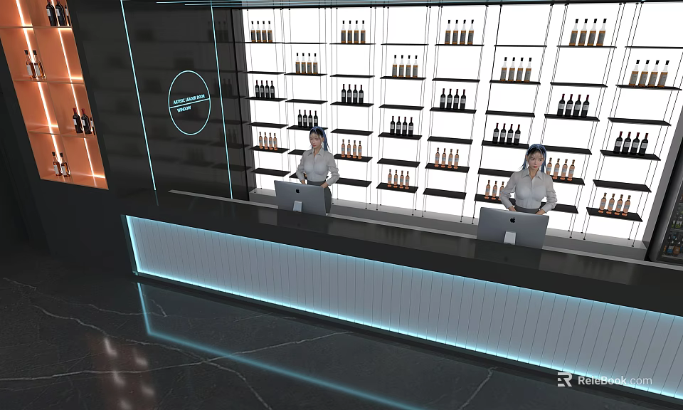 Modern Store With Staff At Counter Shelves Filled With Products And Blue Lighting 3d model 