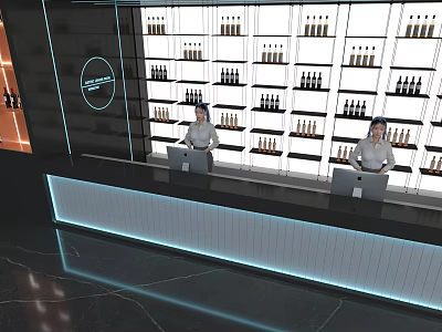 Modern Store With Staff At Counter Shelves Filled With Products And Blue Lighting 3d model