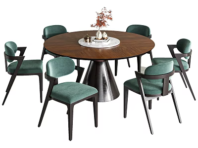 Round Wooden Dining Table Set With Green Upholstered Chairs And Decorative Centerpiece 3d model