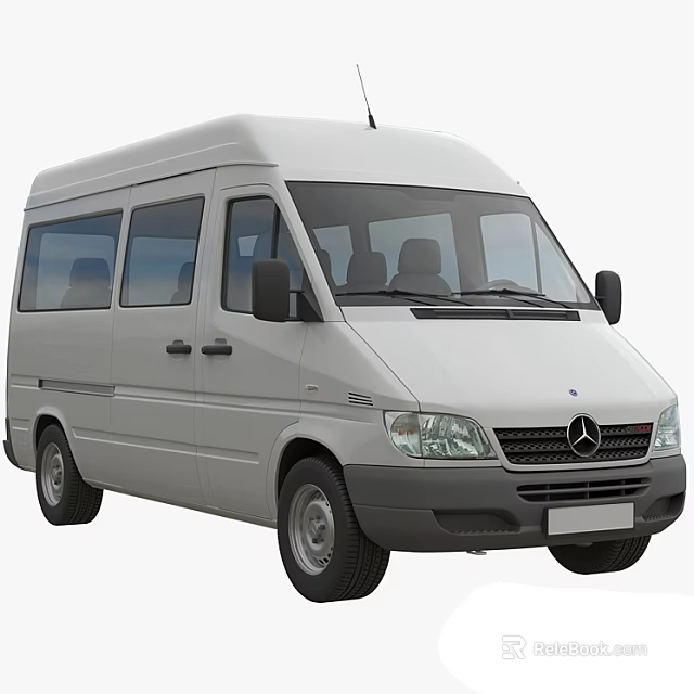 White Mercedes Commercial Van With Multiple Windows And Front Grille Design 3d model