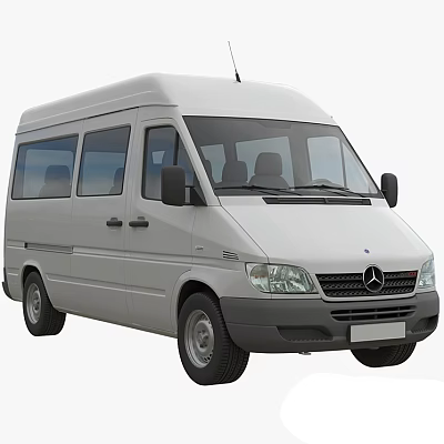 White Mercedes Commercial Van With Multiple Windows And Front Grille Design 3d model