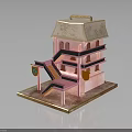 Pink Multi Story Building Model with Exterior Staircase Balcony and Decorative Roof