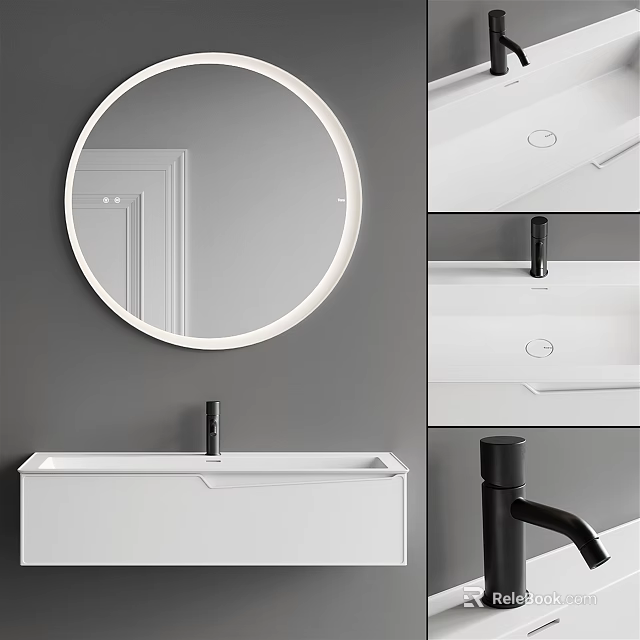Modern Bathroom Interior With White Sink Round Mirror And Black Faucet 3d model 