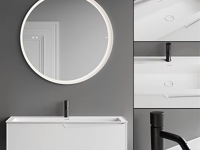 Modern Bathroom Interior With White Sink Round Mirror And Black Faucet 3d model