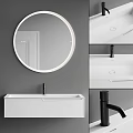 Modern Bathroom Interior With White Sink Round Mirror And Black Faucet