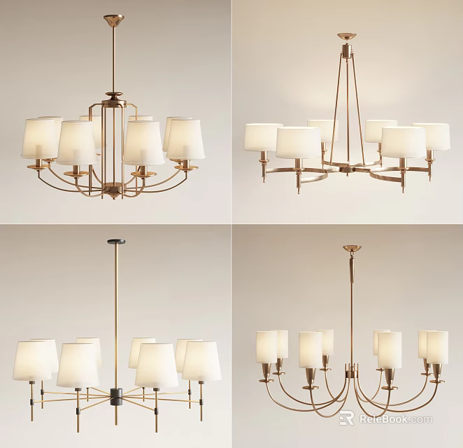 Elegant Modern Chandelier Design With Brass Frame And White Fabric Shades 3d model 