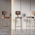 Modern Bar Stools With Gold Metal Legs And Wooden Seats In Contemporary Interior