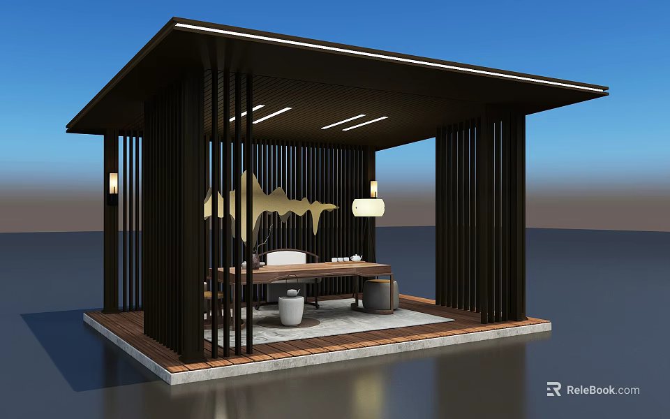 Modern Black Pergola With Vertical Slats Outdoor Seating Wooden Floor And Lighting 3d model 