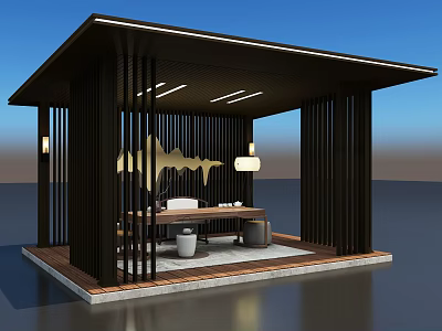 Modern Black Pergola With Vertical Slats Outdoor Seating Wooden Floor And Lighting 3d model