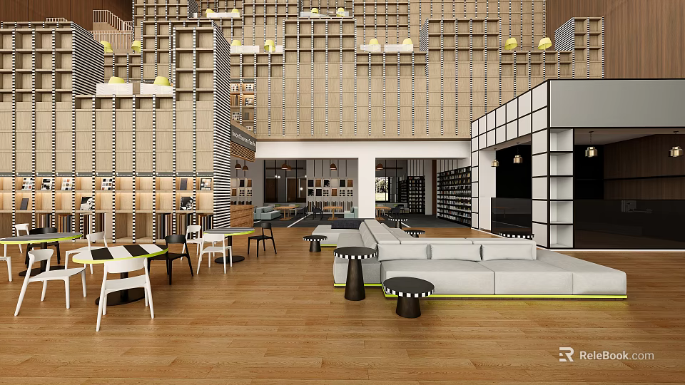 Modern Café Interior Design With Wooden Flooring Sofa Seating And Bookshelves 3d model 