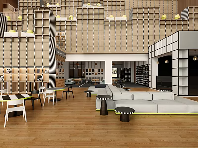 Modern Café Interior Design With Wooden Flooring Sofa Seating And Bookshelves 3d model
