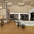 Modern Café Interior Design With Wooden Flooring Sofa Seating And Bookshelves