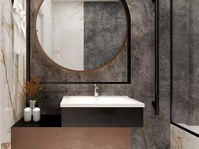 Modern Bathroom Interior Design With Round Mirror Marble Walls Sink Counter And Decorative Vases Plant 3d model