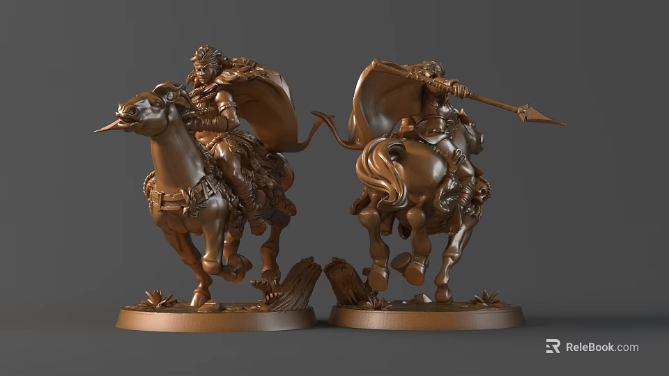 Two Bronze Warrior Rider Sculptures On Horseback With Armor Cloak And Weapon Decorative Base 3d model 